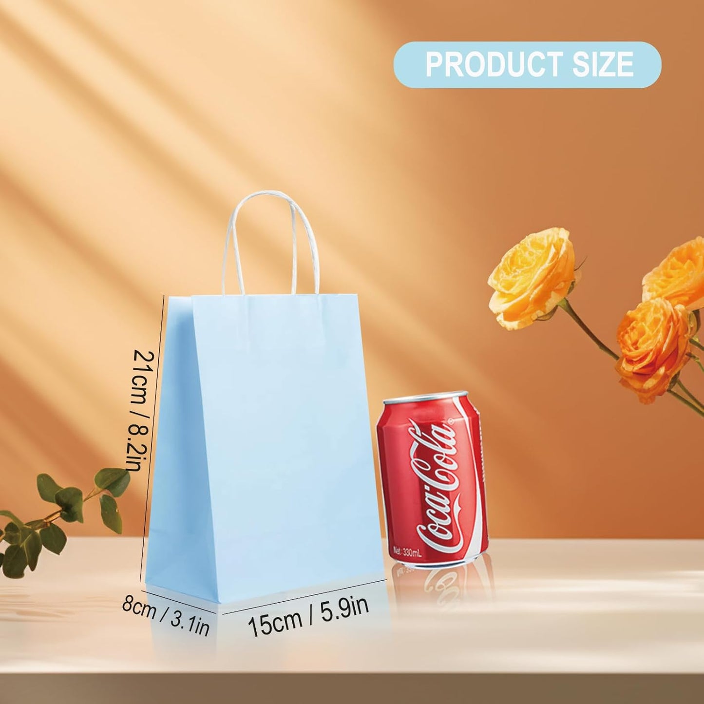 BAG BOX 50 Pack Small 5.9x3.1x8.25 Inch Blue Kraft Paper Gift Bags with Handles for Bulk Shopping, Retail, Craft, Party Favors, Wedding, Grocery & Sacks