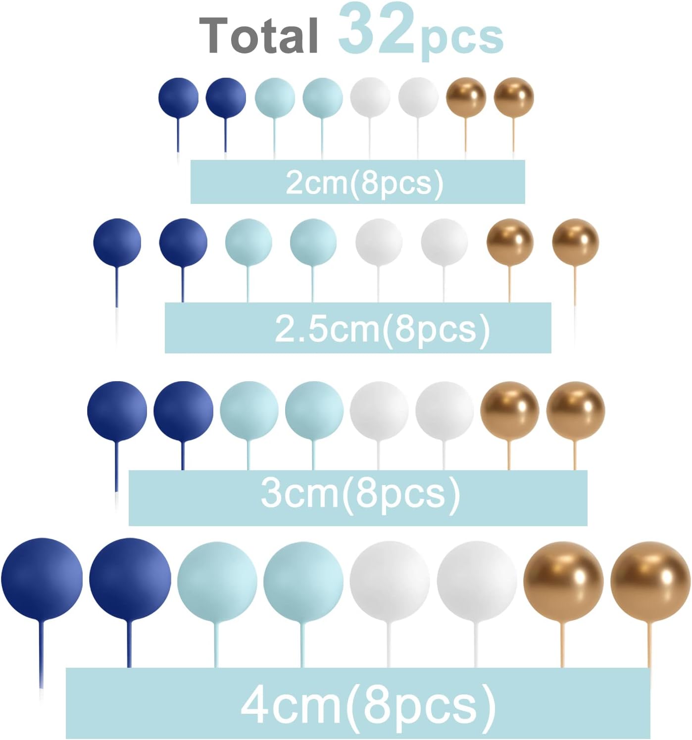 ASTARON Ball Cake Topper, 32 Pcs Foam & Wire Decorations, Mini Balloons Cake Topper Sticks, 4 Colors/Sizes for Wedding Party Birthday Cake Decorating