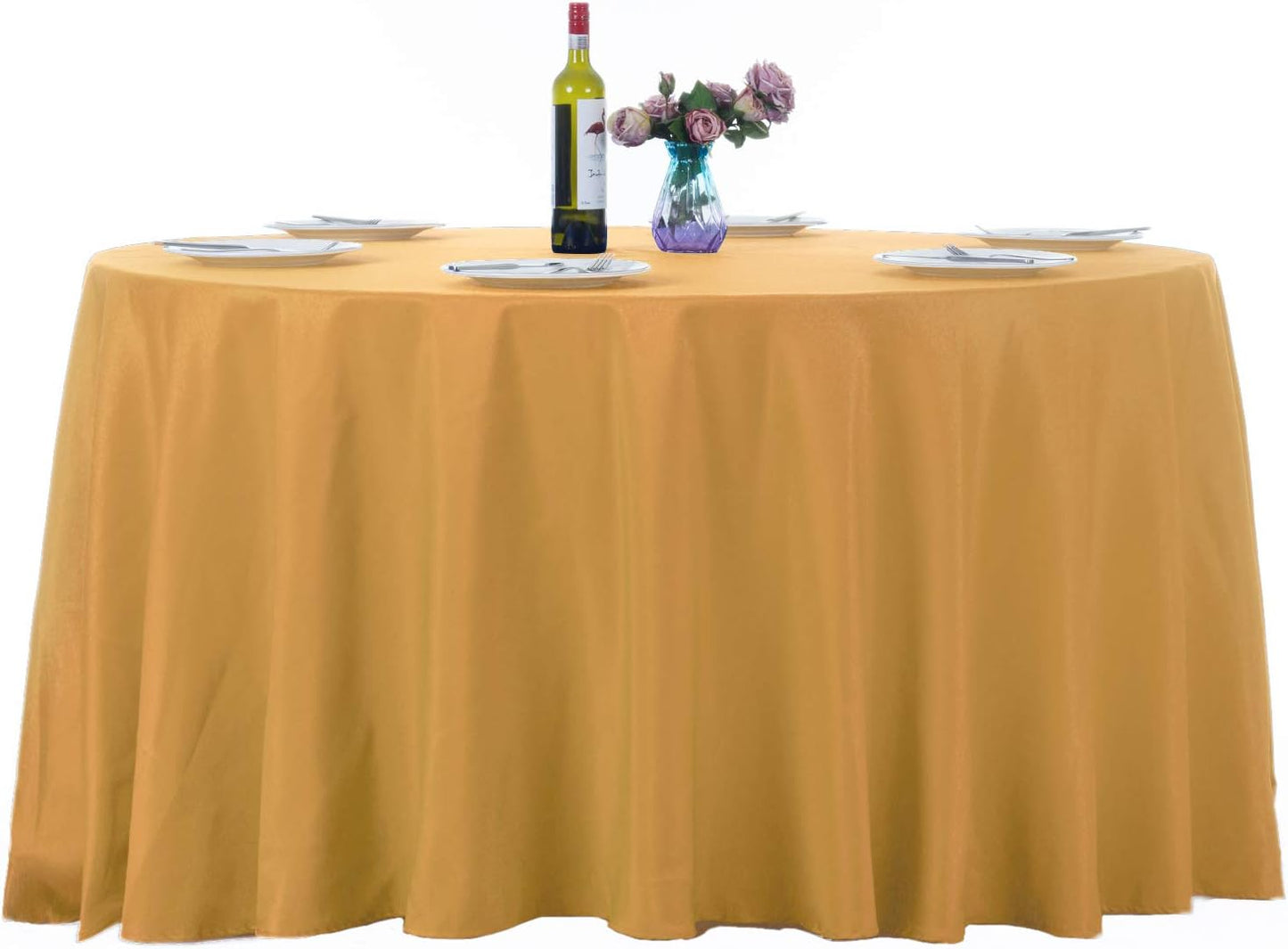 Ascoza 2pack 108 Inch Gold Round Tablecloth in Washable Polyester Fabric for Wedding/Banquet/Restaurant/Parties