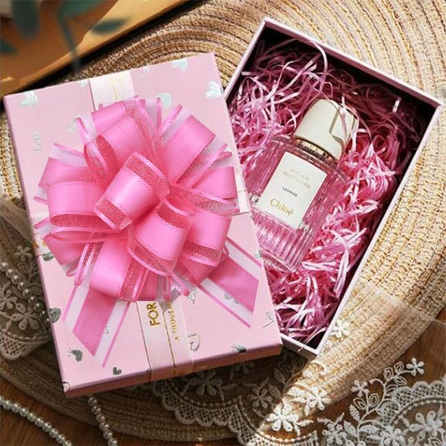 6 Count Pink Organza Satin Pull Bows, 6 inches, Wedding, Bridal Shower, Baby Shower, Modern Style, Flower Shaped, Easy to Use, Gift Wrapping Decorations