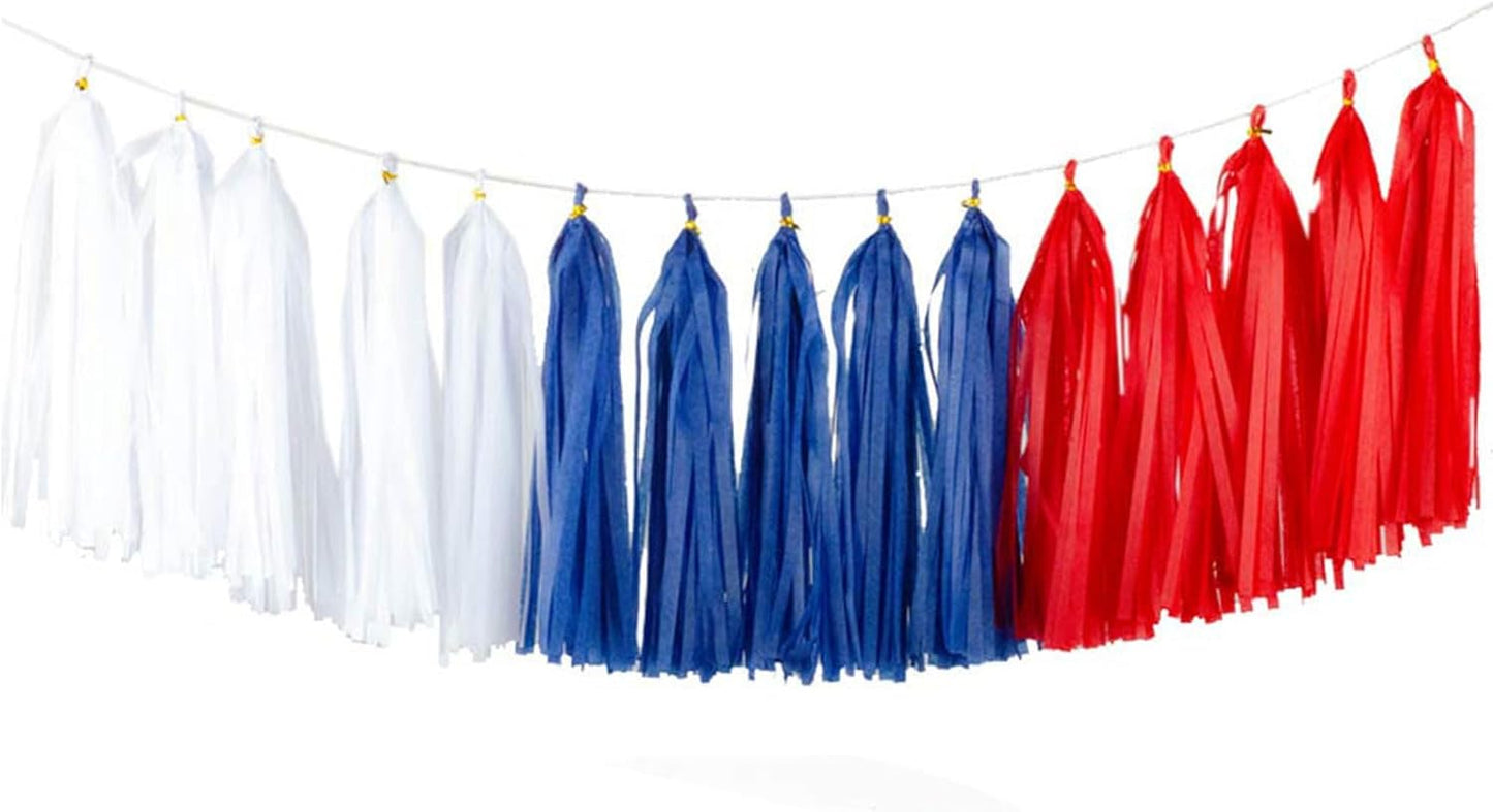 Aimto 15pcs Red Blue White Tassel Garland Banner Tissue Paper Tassels for 4th/Fourth of July Patriotic Decorations