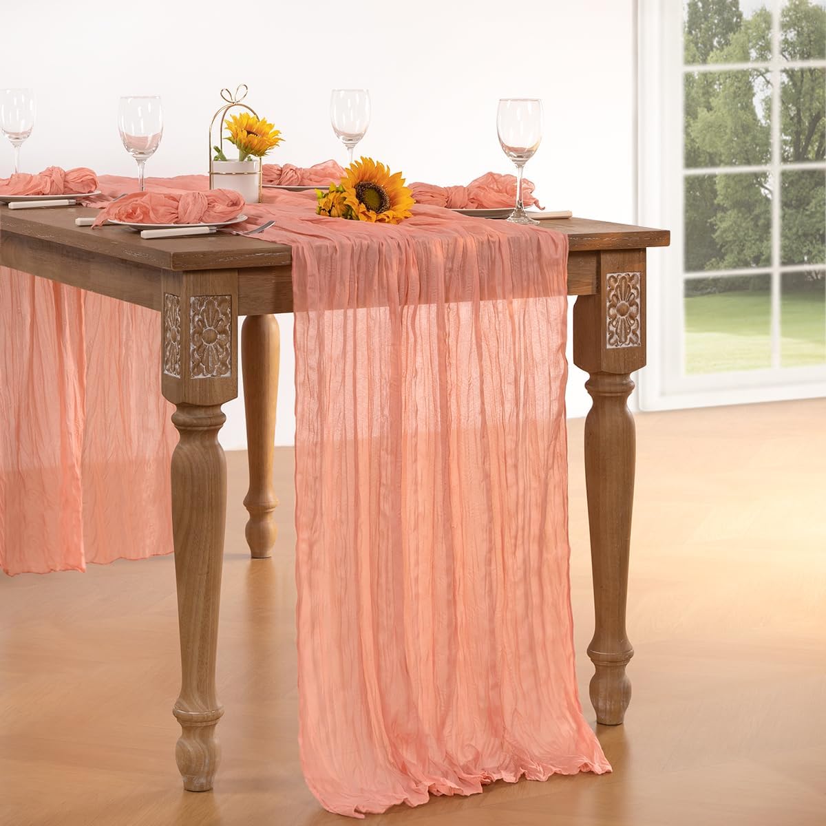 Coral Pink Cheesecloth Table Runner Fall Table Runner Boho Gauze 120 Inches Coral Cheese Cloth Fall Table Decorations for Thanksgiving Wedding Bridal Baby Shower Tea Party Decor