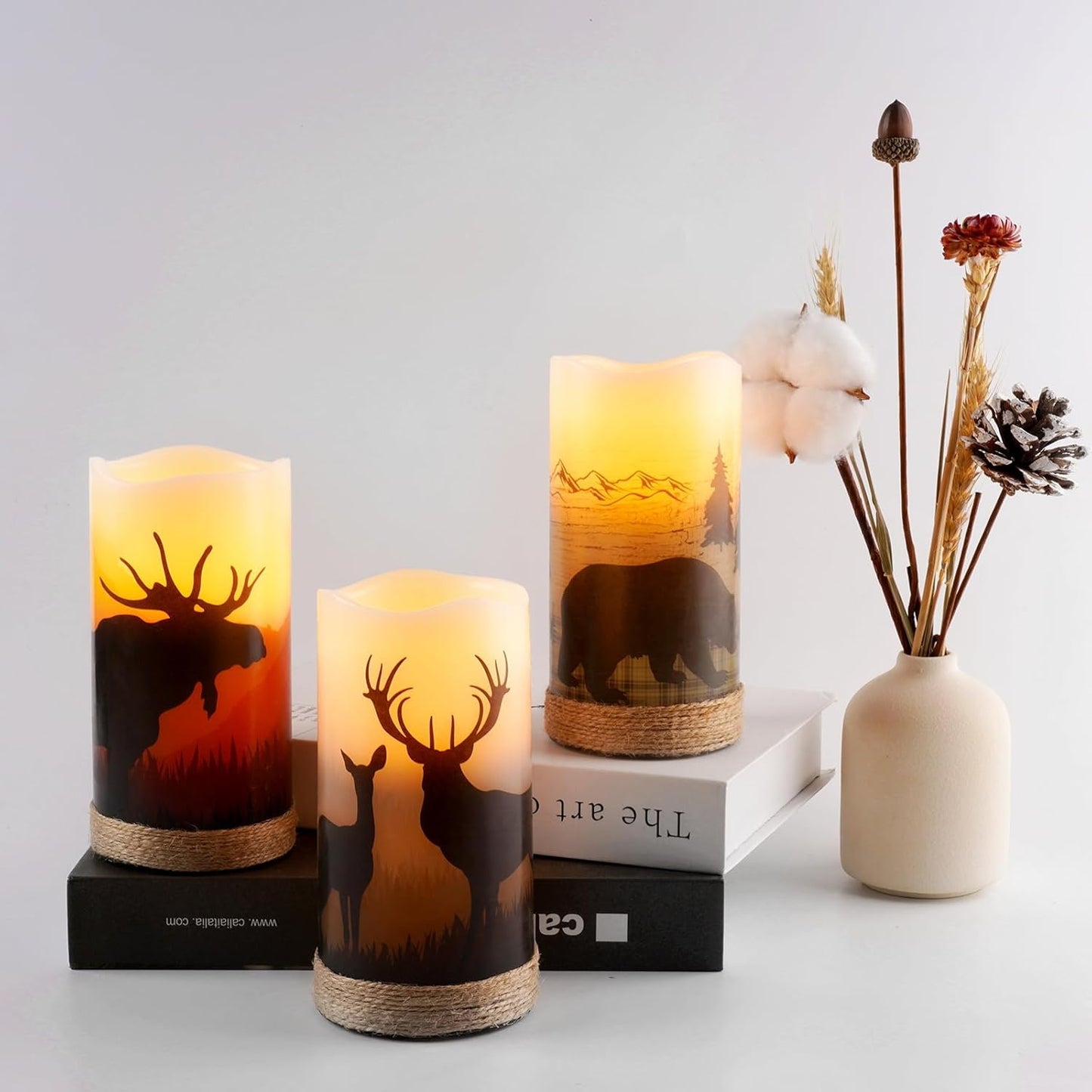 Homemory Christmas Flameless Candles Battery Operated with Rope, Deer, Bear, Moose, Remote Control and Timers, Rustic Country Home Farmhouse Cabin Decor Gifts, 3”x 6”