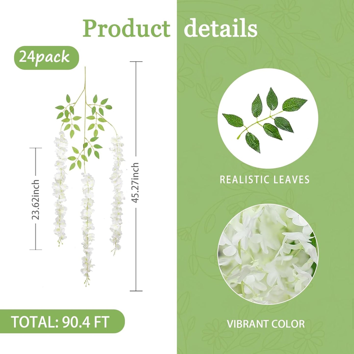 24 Pack White Green Wisteria Hanging Flowers Garland, 3.77 Feet Artificial Flower Vines, Fake Wisteria, Artificial Vines Hanging Garland for Backdrop Outdoor Yard Garden Decor