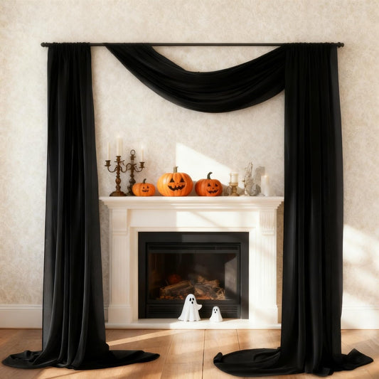 Black Fall Halloween Sheer Elegant Arch Draping Fabric 2 Panels Outdoor 29" × 20Ft Sheer Chiffon Curtain Drapes for Wedding Ceremony Birthday Party Garden Brunch