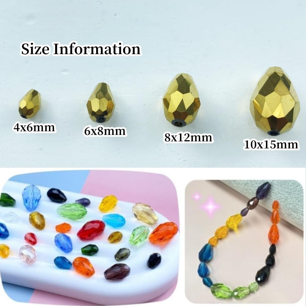 130pcs 6x8mm Teardrop Crystal Glass Beads Vertical Hole Faceted Glass Teardrop Spacer Beads for Bracelets Necklace Earring DIY Jewelry Making Craft(Gold)