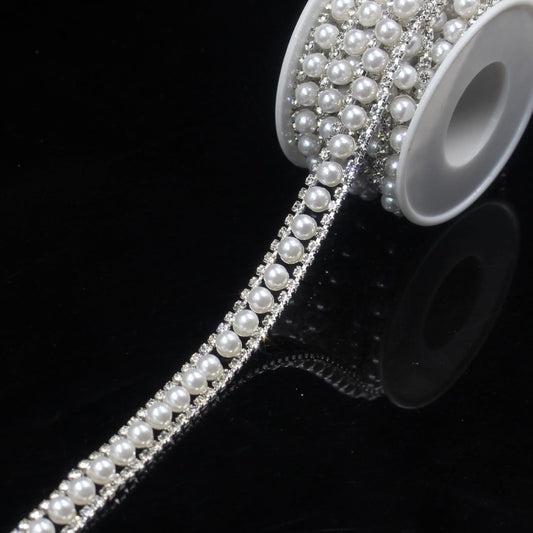 PEARLY JUN 1 Yard Pearl Rhinestone Trim Chain Silver Crystal Fringe Diamond Applique Ribbon String Tassel Strip (Silver-150, 2 Yards)