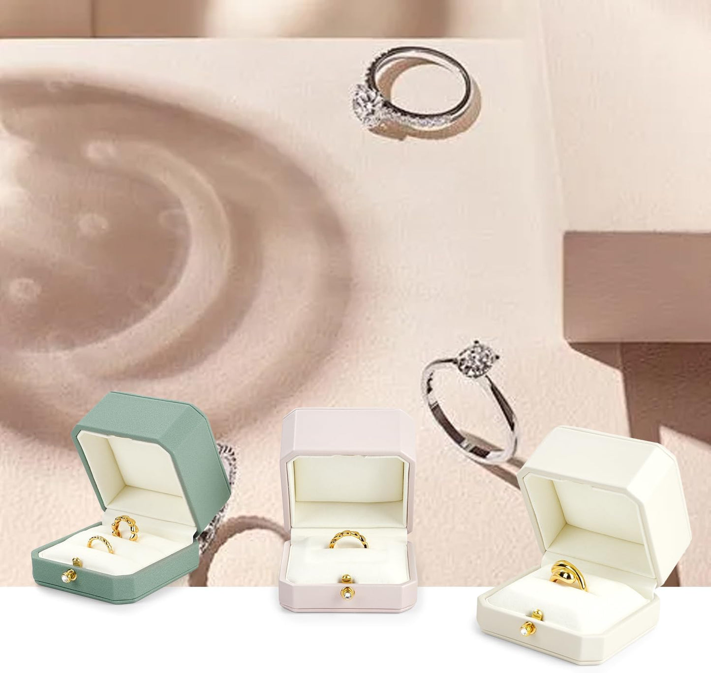 Oirlv Premium Leather Double Ring Box for Wedding Ceremony Engagement Couple Rings Holder Jewelry Gift Case(Green,Double)