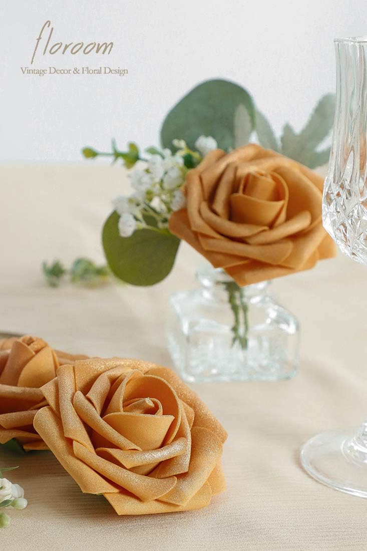 Floroom Artificial Flowers 25pcs Real Looking Gold Foam Fake Roses with Stems for DIY Wedding Bouquets Bridal Shower Centerpieces Party Decorations