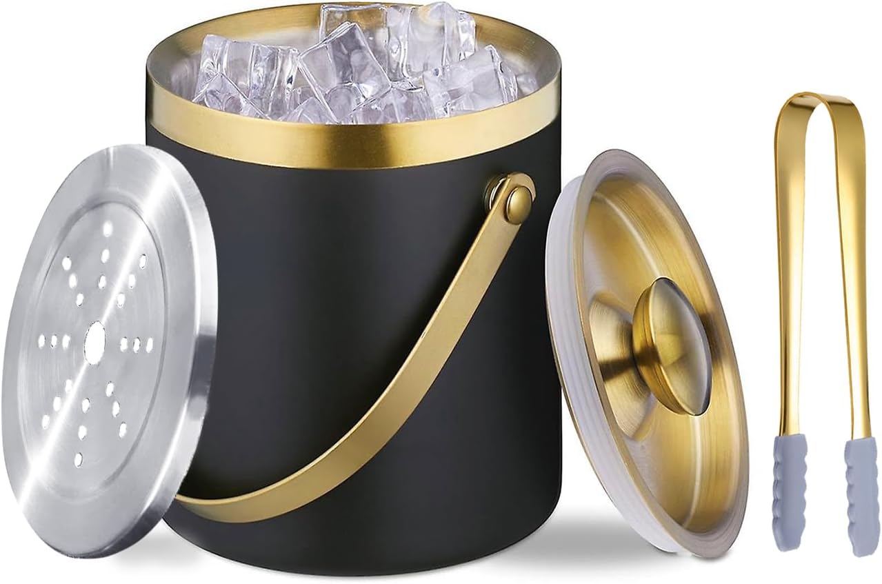Insulated Ice Bucket with Lid, Handle and Tong Black Gold Stainless Steel Champagne Bucket for Party 3L Bar Cart Accessories Keep Drinks Chilled