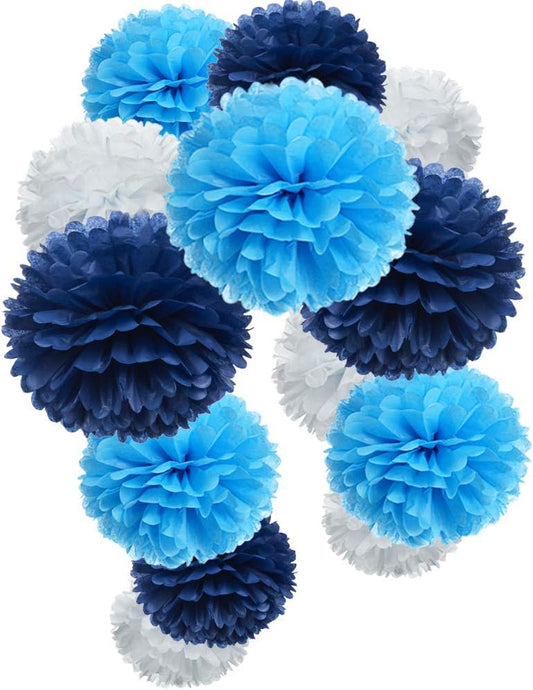 Paper Flower Tissue Pom Poms Party Supplies (navy blue,turqoise blue,white,12pc)