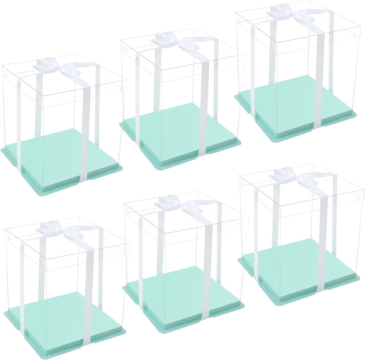 XININSUN clear cake box with ribbon,6inch 8inch cake boxes,transparent tall cake box cake carrier,Square Cardboard Cake Containers clear gift box for Wedding,Birthday,Party(6pcs-green)