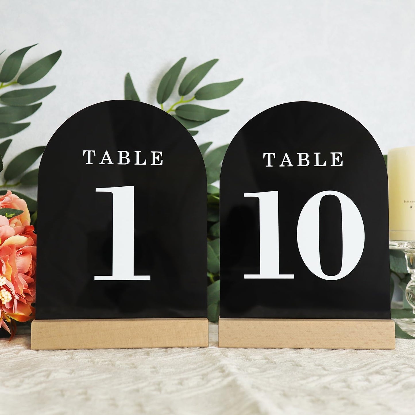 Wedding Table Numbers 1-10, Acrylic Arch Signs with Natural Wood Stands Holders, Rustic Table Decor for Reception & Parties (Black White)