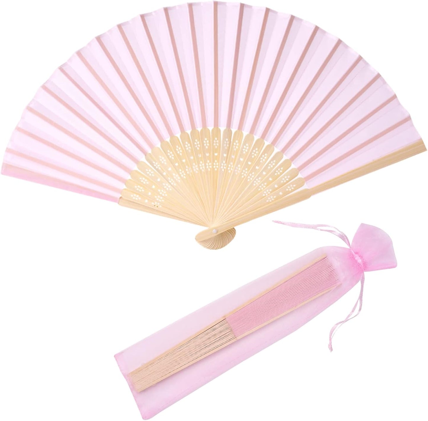24pcs Imitated Silk Hand Fan Imitated Silk Fabric Bamboo Handheld Folded Fan Bridal Dancing Props Church Wedding Party Favors with Organza Bags (Pink)