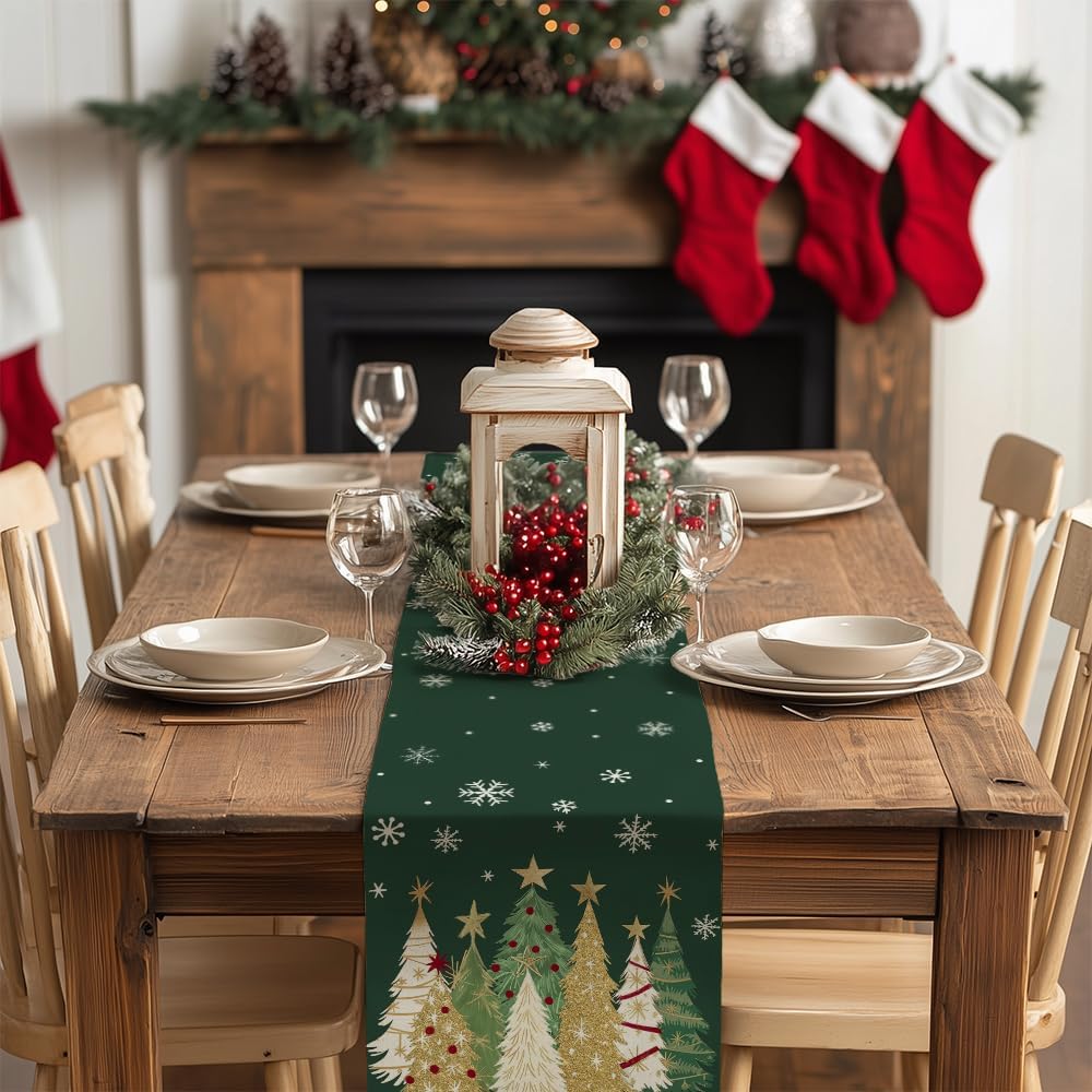 GEEORY Christmas Table Runner 13x120 Inch, Xmas Trees Snowflakes Holiday Decorative Farmhouse Table Decoration for Kitchen Dinning, Indoor Outdoor Dinner Party Decor (Green) GT152-120
