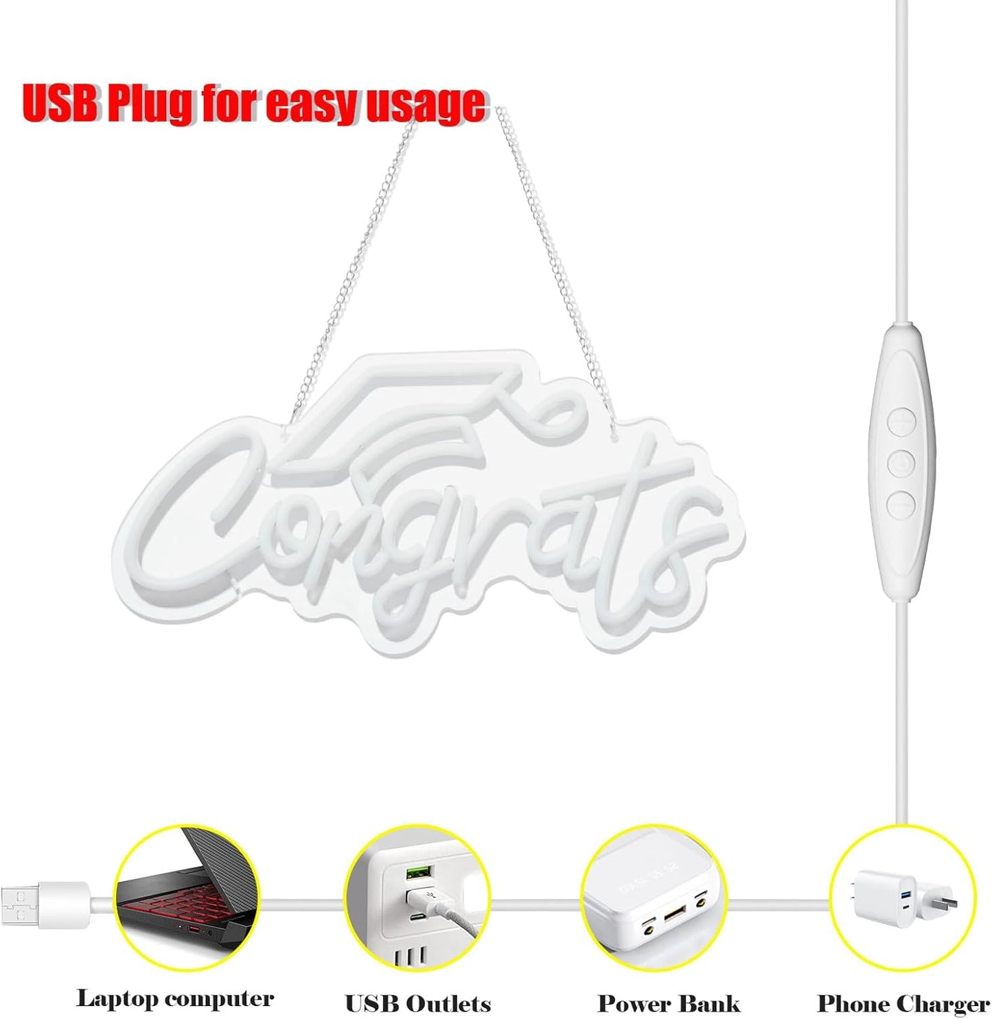 Congrats Grad Neon Sign for Backdrop wall decor，Dimmable USB Powered Light Up Letters for Dorm Walls，White Grad Gifts Sign for Graduation ClassRoom Party bedroom size:16.14 * 7.6 inch