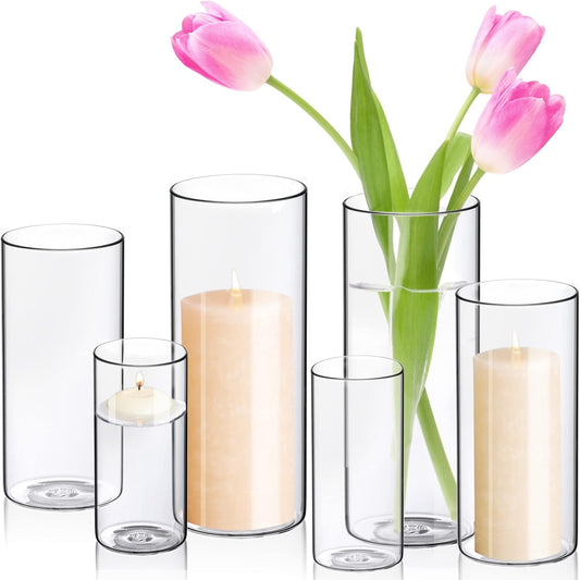 WDHODEC Cylinder Flower Vases 6PCS, Hurricane Candle Holders Pillar Votives Floating Candles Holder, Clear Glass Vase for Wedding Party Decoration 10" 7.8" 6"
