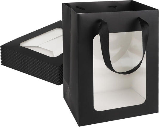 MOXARYSU 12 Pcs Black Gift Bags with Clear Window: 9.8x5.1x7.1 Inch Medium Kraft Paper Bags with Handle For Party Business Birthday Wedding (Black, 12p)