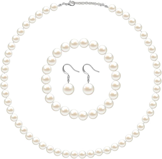 4 Pcs 1920s Faux Pearl Costume Jewelry Set for Women Halloween Simulated Necklace Bracelet Earrings for Wedding