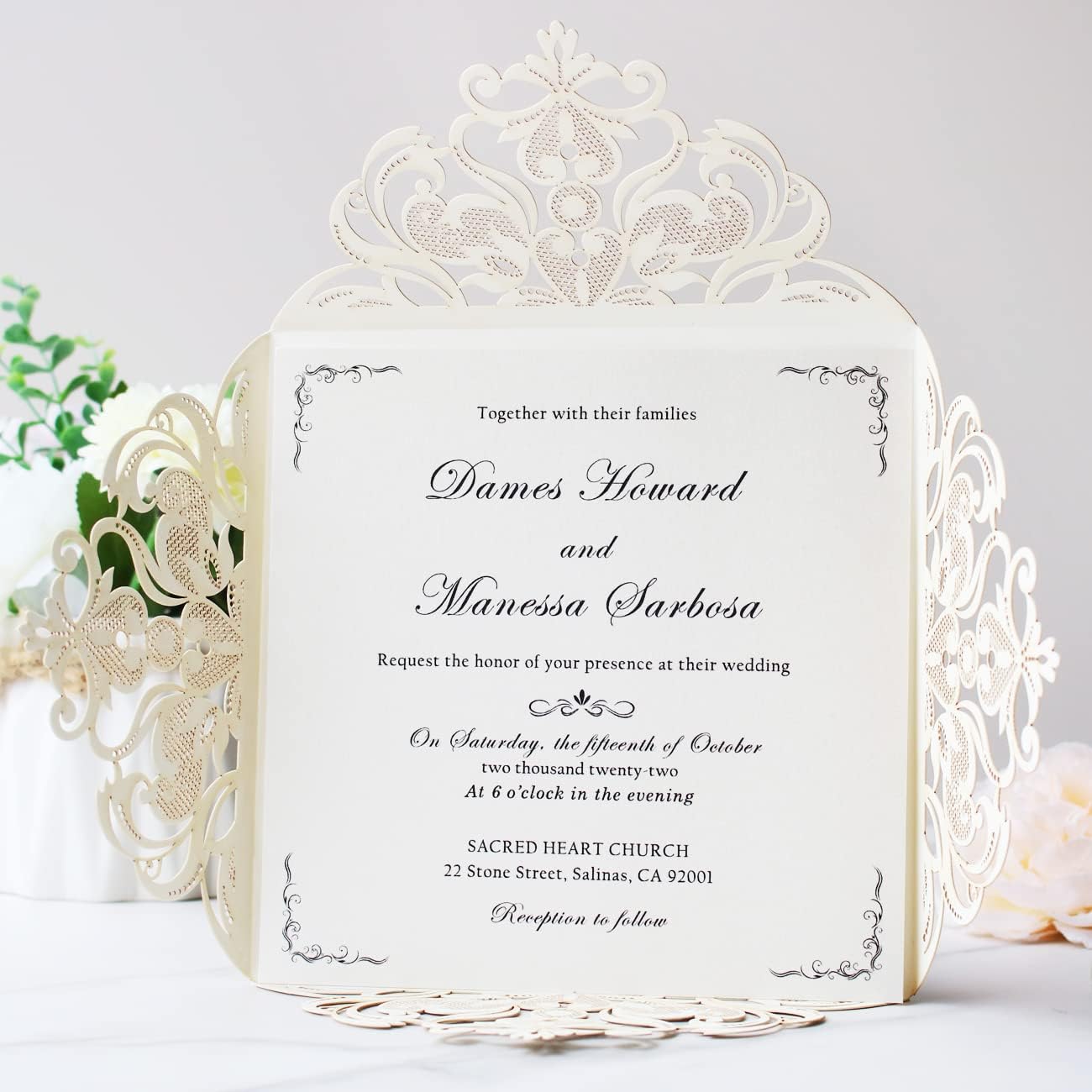 Hosmsua 50PCS Personalized Gold Laser Cut Wedding invitation Cards With Envelopes 6.3 x 6.3 Inch Hollow Lace Rose Invitation Pocket for Engagement Wedding Bridal Shower Invite (Gold Glitter)