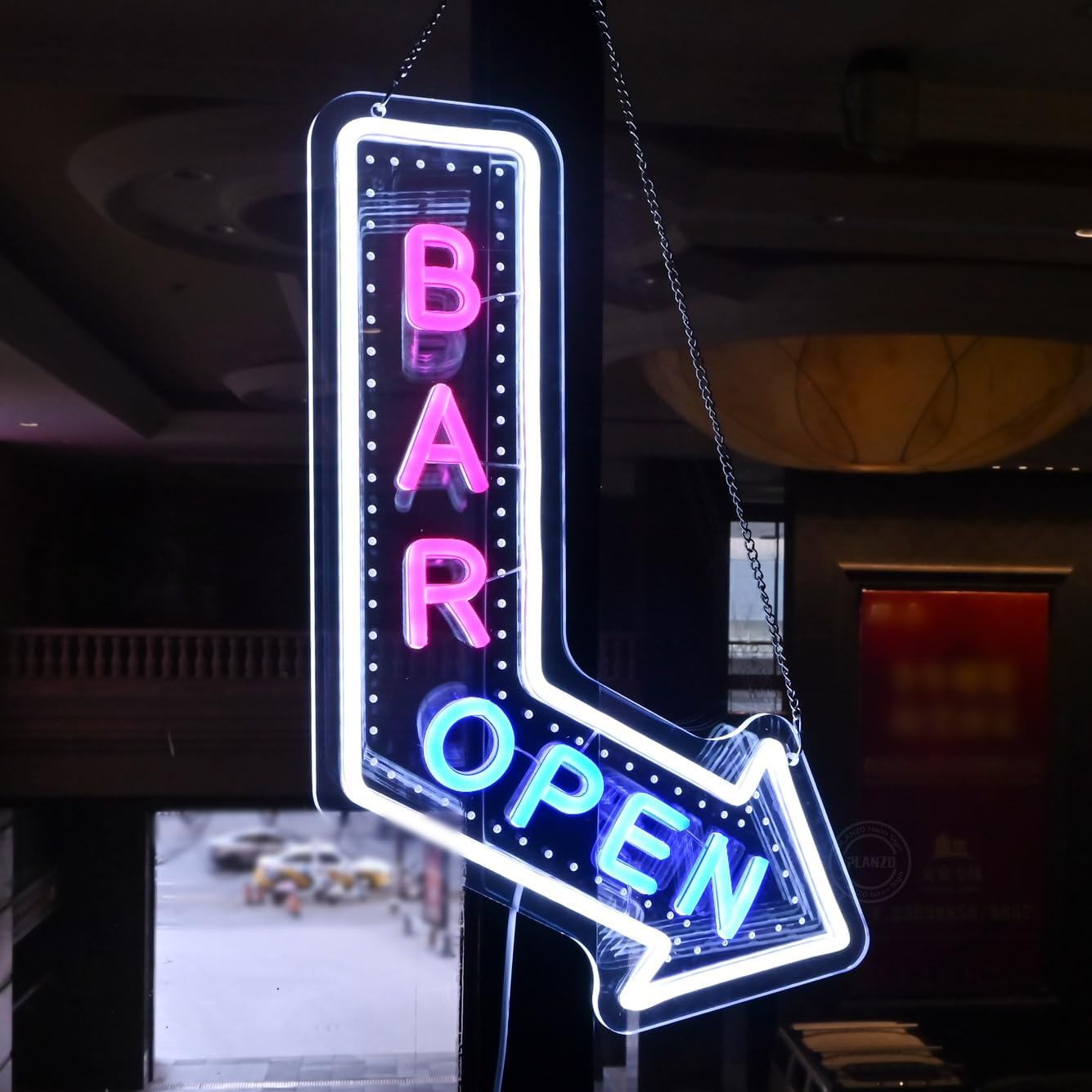 Planzo Bar Open Neon Signs for Business LED Light Up Open Beer Sign Wall Decor for Home Pub Cafe Man Cave Club Cocktails Coffee Bistro Hotel Party Window Indoor USB Powered Dimmable White Pink Blue
