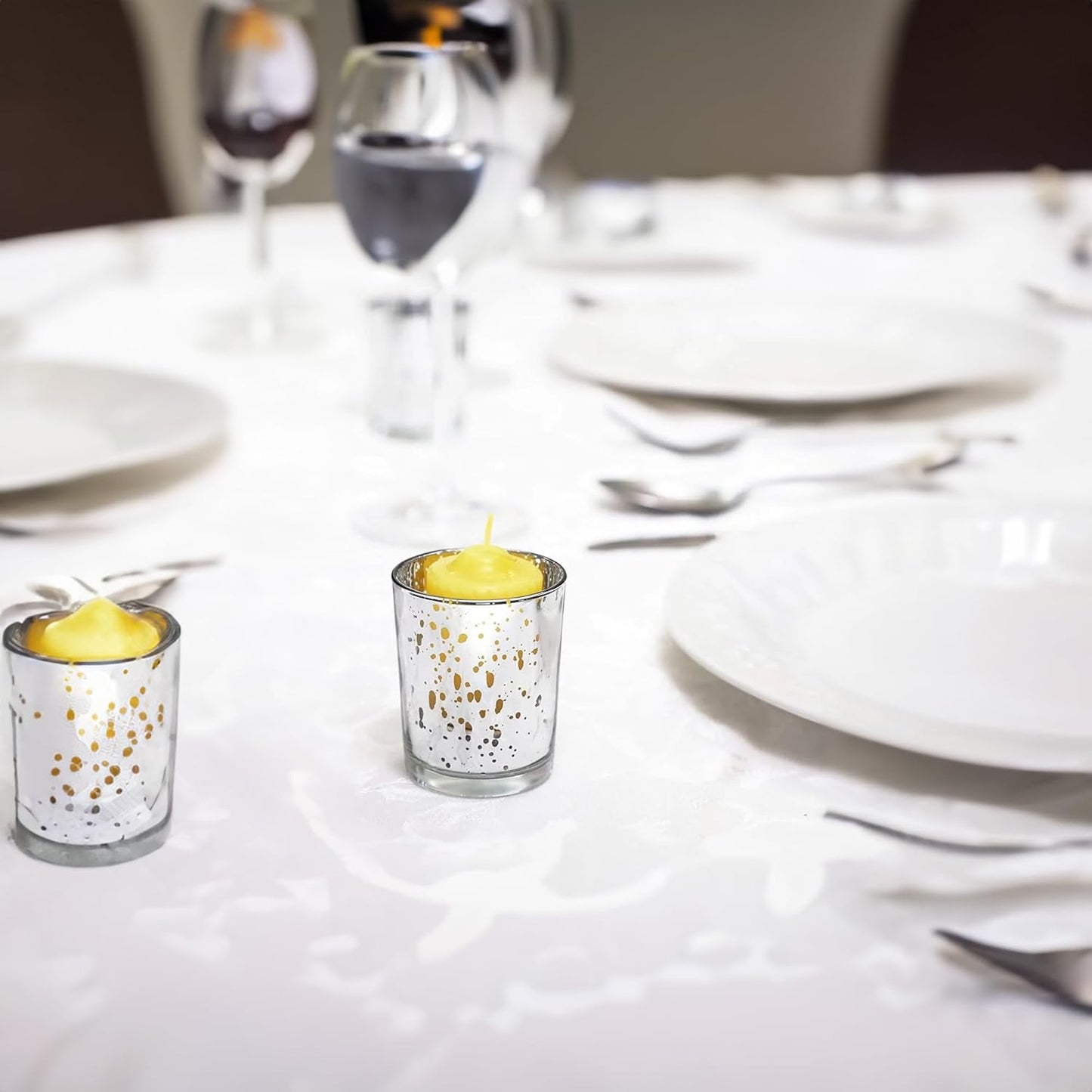 WGV Silver Speckled Tea Light Votive Candle Holder 2.2x2.75, Small Tiny Utility Cylinder Mercury Glass Vase, Home Accent Decor, 24 Pieces