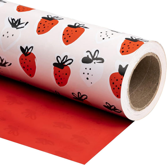 WRAPAHOLIC Reversible Strawberry Wrapping Paper - Mini Roll - 17 Inch X 33 Feet - Sweet Strawberry Design, Perfect for Birthday, Holiday, Wedding, Baby Shower