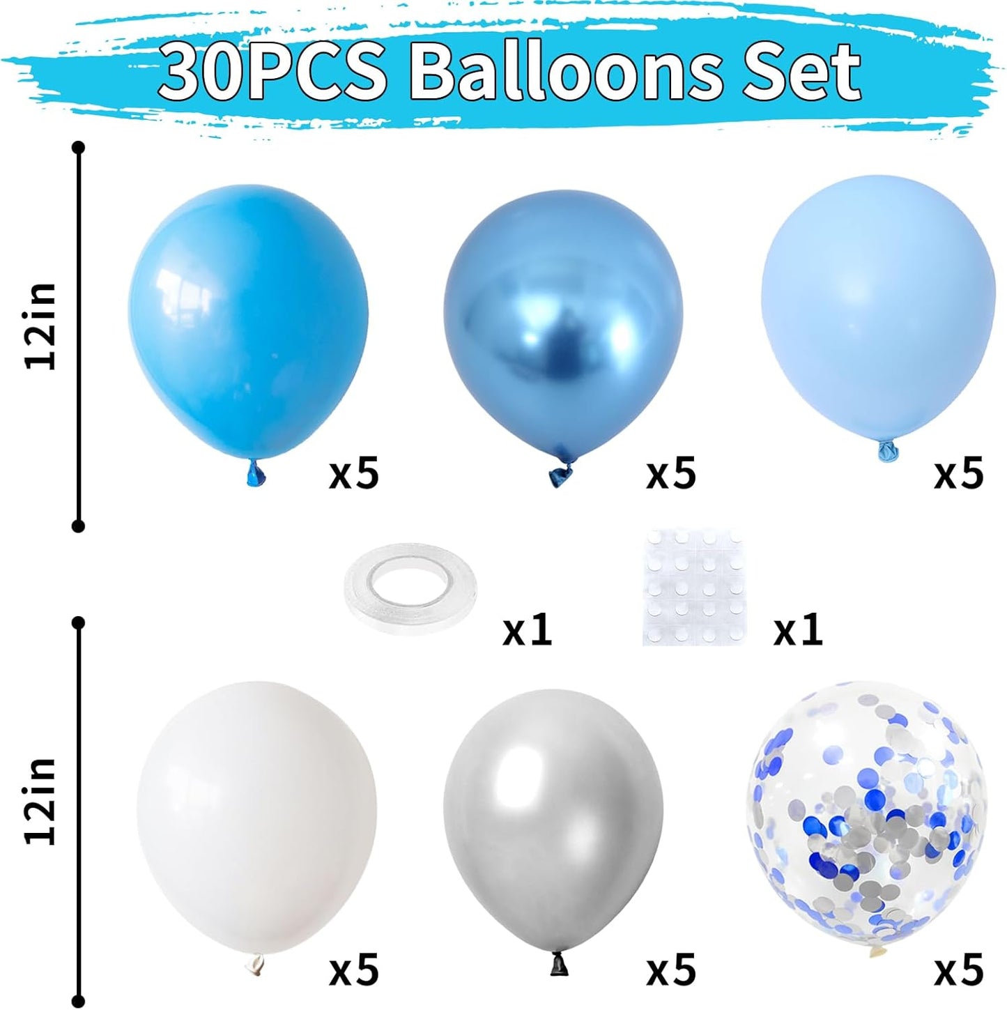 Blue Silver White Confetti Balloons Kit, Light Blues Metallic Blue Pastel Blue and Pearl Silver Birthday Balloon, for Boy Birthday Baby Shower Wedding Party Decor