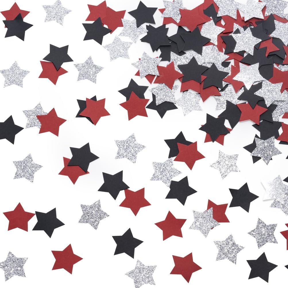 Red Black and Silver Star Confetti Table Decoration for 4th July Independence Day Graduation Retirement Patriotic Theme Party,1.2 inch in Diameter,200 Counts