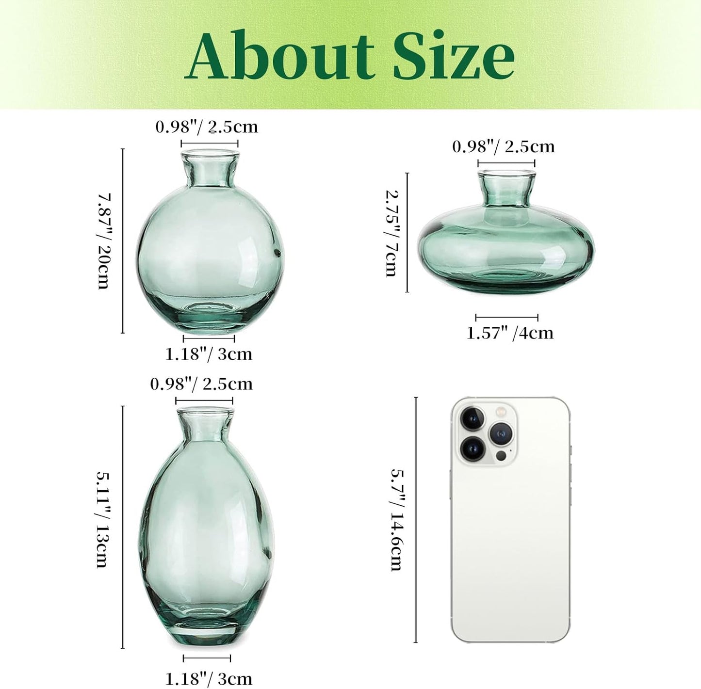 Glass Bud Vases Set of 3, Hewory Cute Green Small Vases Handmade, Mini Glass Flower Vase for Floral Arrangements, Tiny Centerpiece for Home Office Wedding Party Events Table Decor (Not Include Flower)