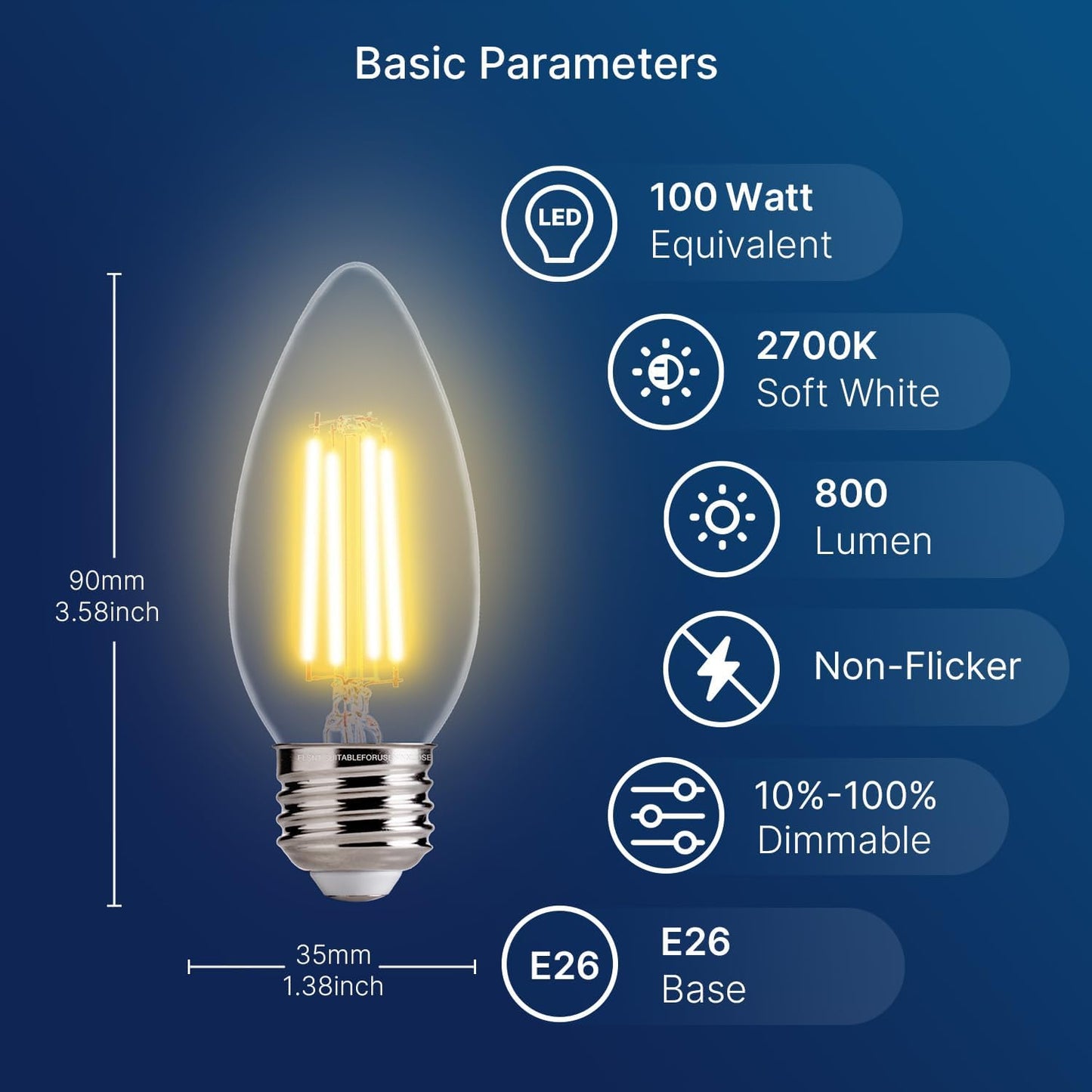 FLSNT 100W Equivalent LED Candelabra Bulbs, 800LM Dimmable LED Chandelier Light Bulbs, 2700K Soft White, E26 Base, 12 Pack UL,CA65 Listed.