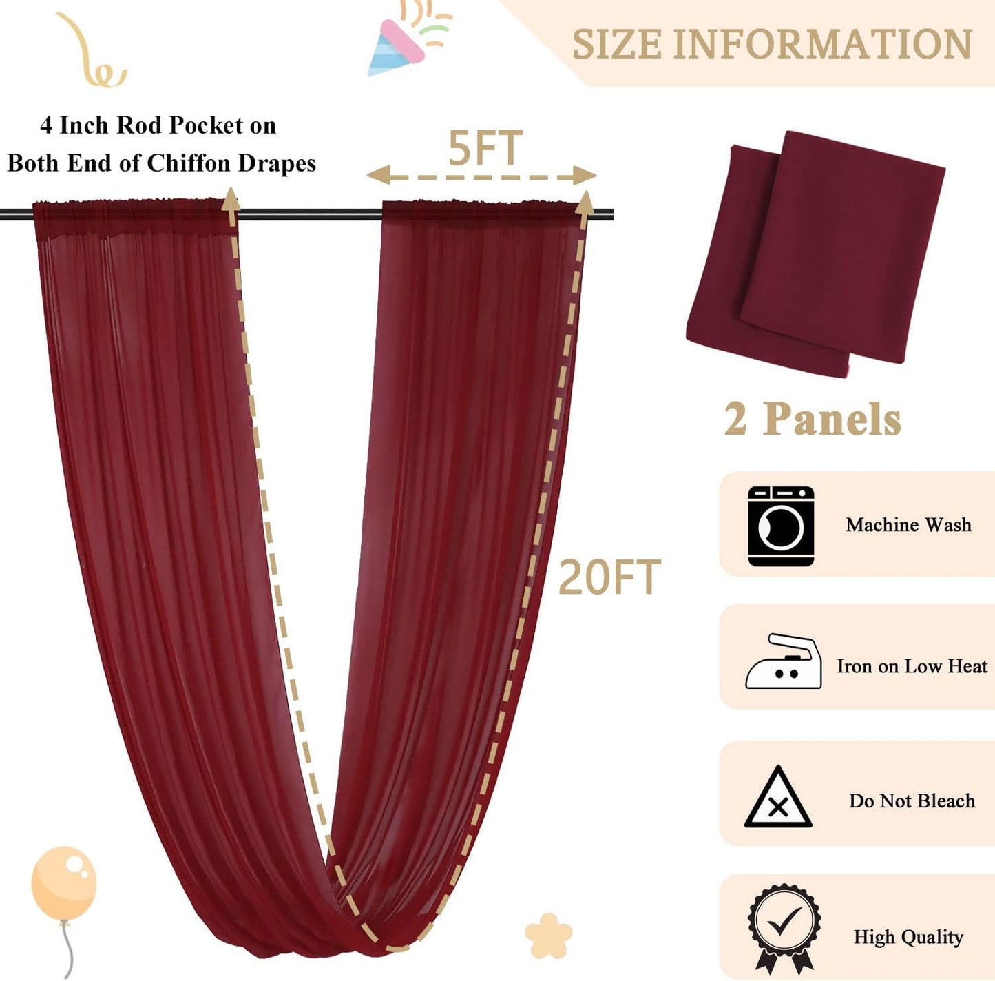 MODFUNS Burgundy Ceiling Drapes for Weddings 5FTx20FT 2 Panels Sheer Wedding Arch Draping Chiffon Fabric Ceiling Drapery Arbor Archway Drapes Tulle Curtains for Ceremony Swag Wedding Decorations