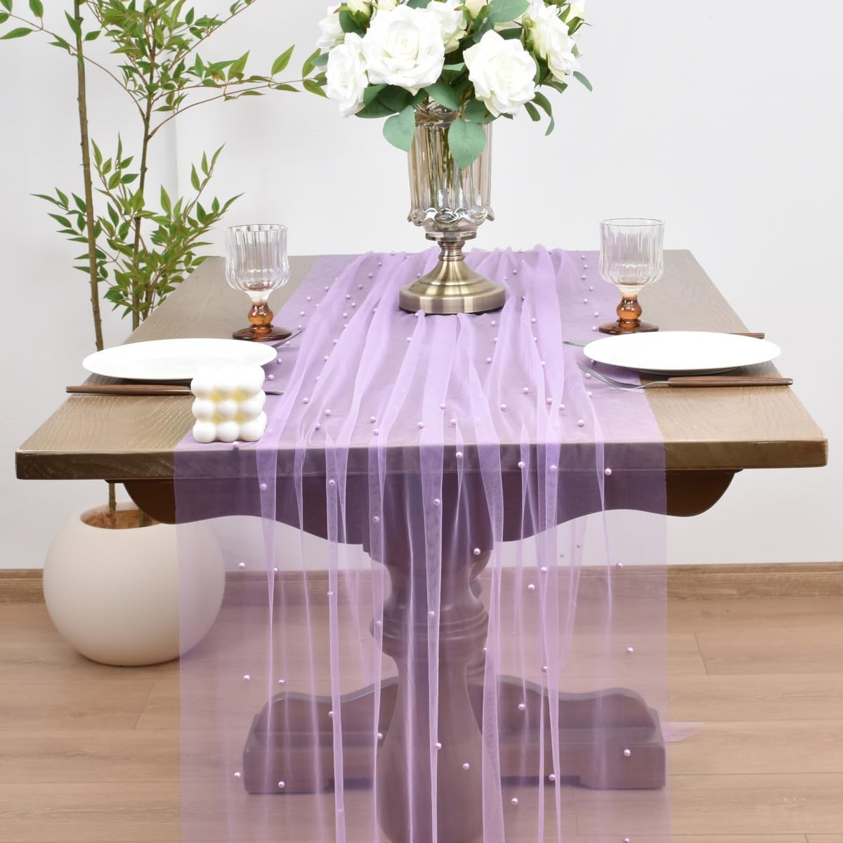 Joanlody Fall Pearl Table Runner 10ft Rustic Boho Tulle Table Runner with Pearls for Baby Shower Wedding Party Veil Dessert Thanksgiving Table Decor Lilac