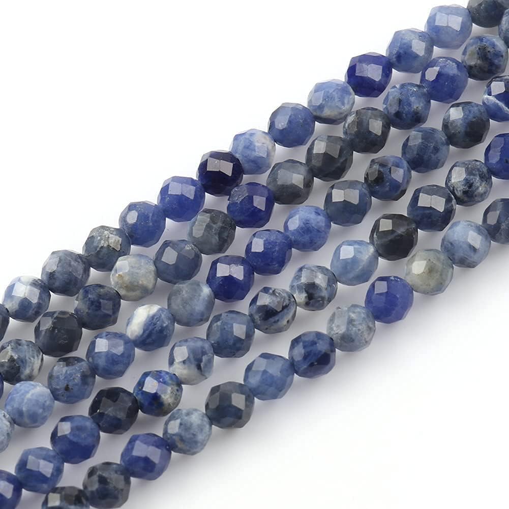 Song Xi 90pcs 4mm Natural Old Blue Sodalite Gemstone Beads Faceted Round Loose Stone Beads for Jewelry Making