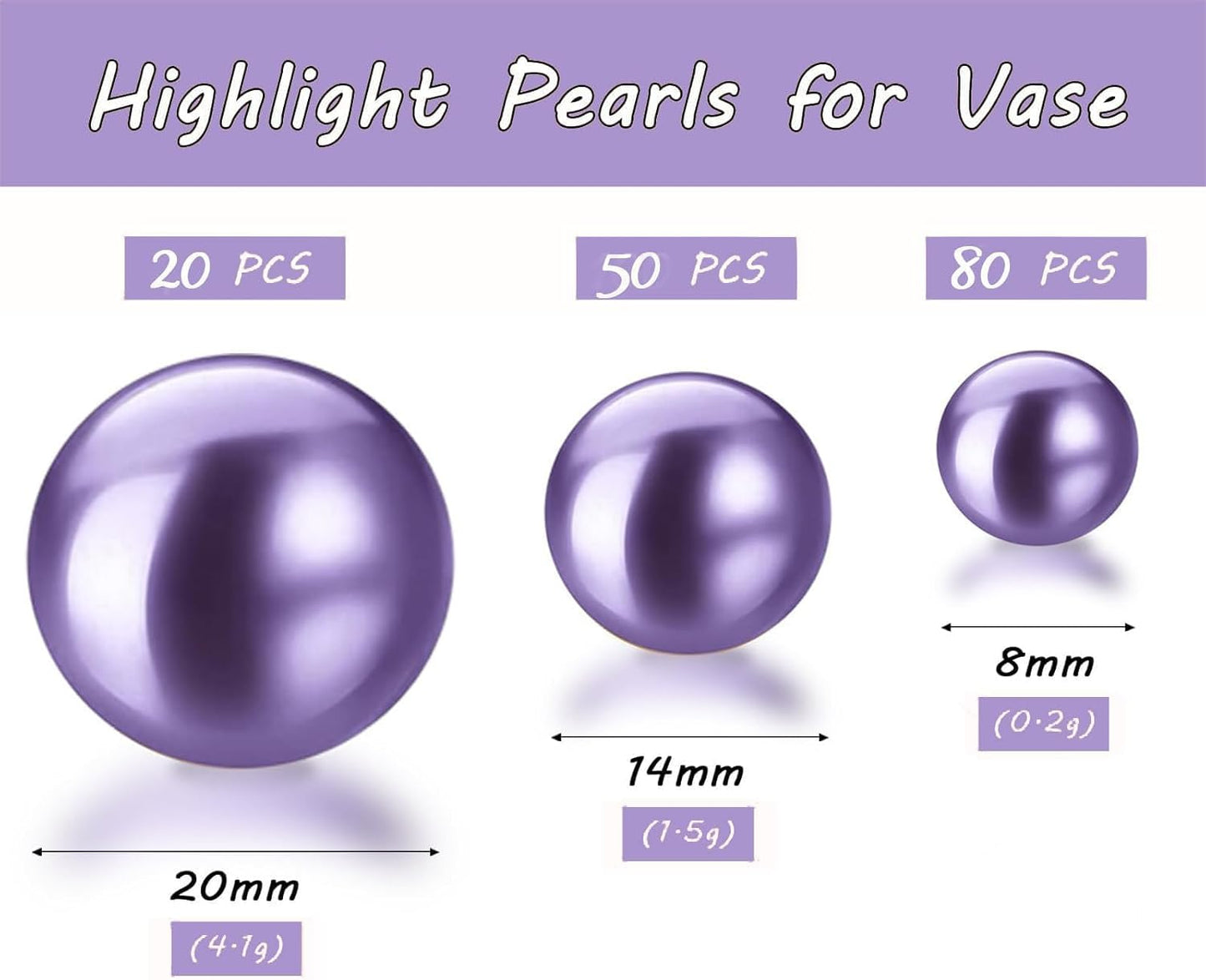 150Pcs Light Purple Polished No Hole Faux Pearl Beads for Vase Filling Decorations, Plastic Pearls Vase Fillers, Table Scatters, Wedding Centerpiece, Home Decor, 8/14/20 mm