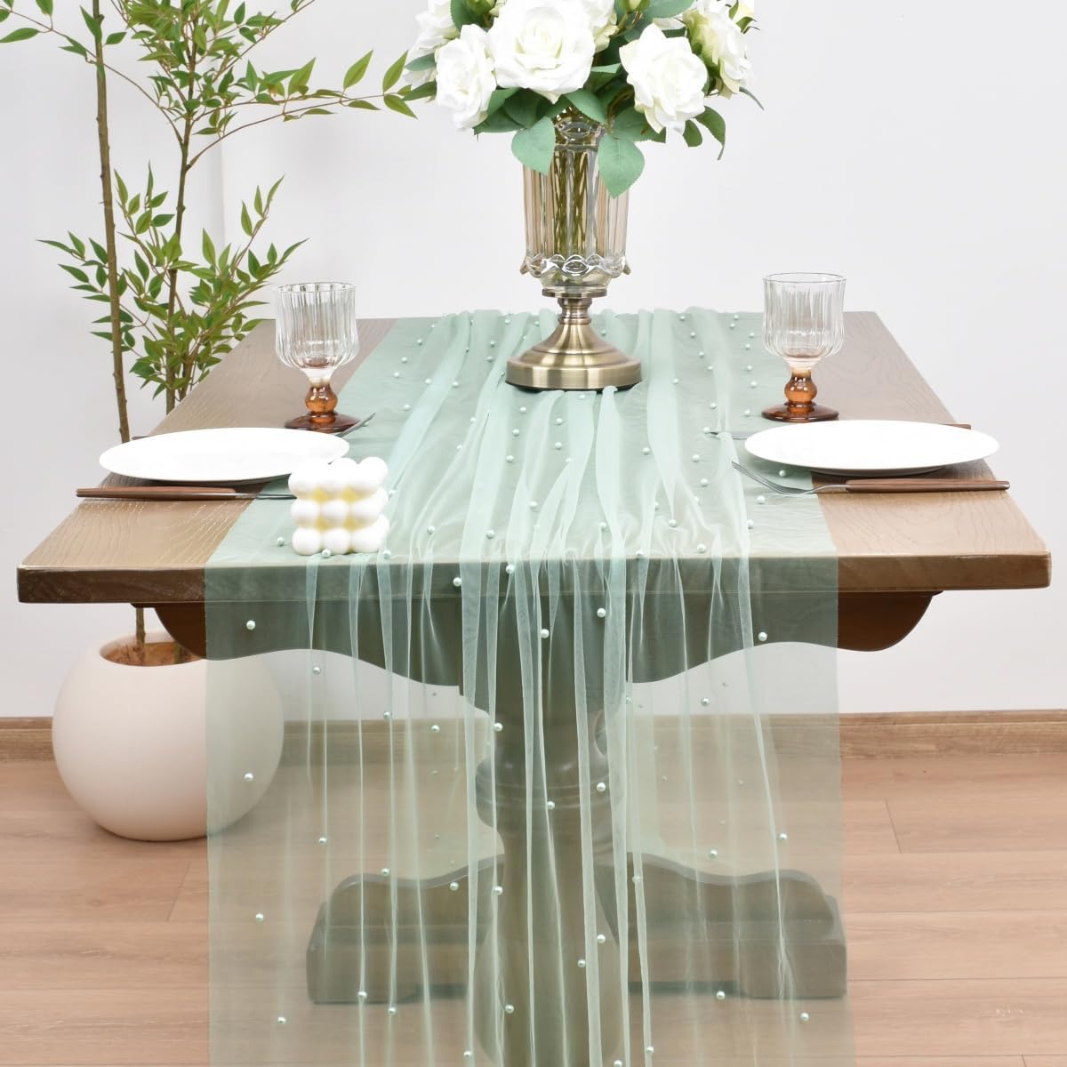 Joanlody Fall Pearl Table Runner 10ft Rustic Boho Tulle Table Runner with Pearls for Baby Shower Wedding Party Veil Dessert Thanksgiving Table Decor Sage Green