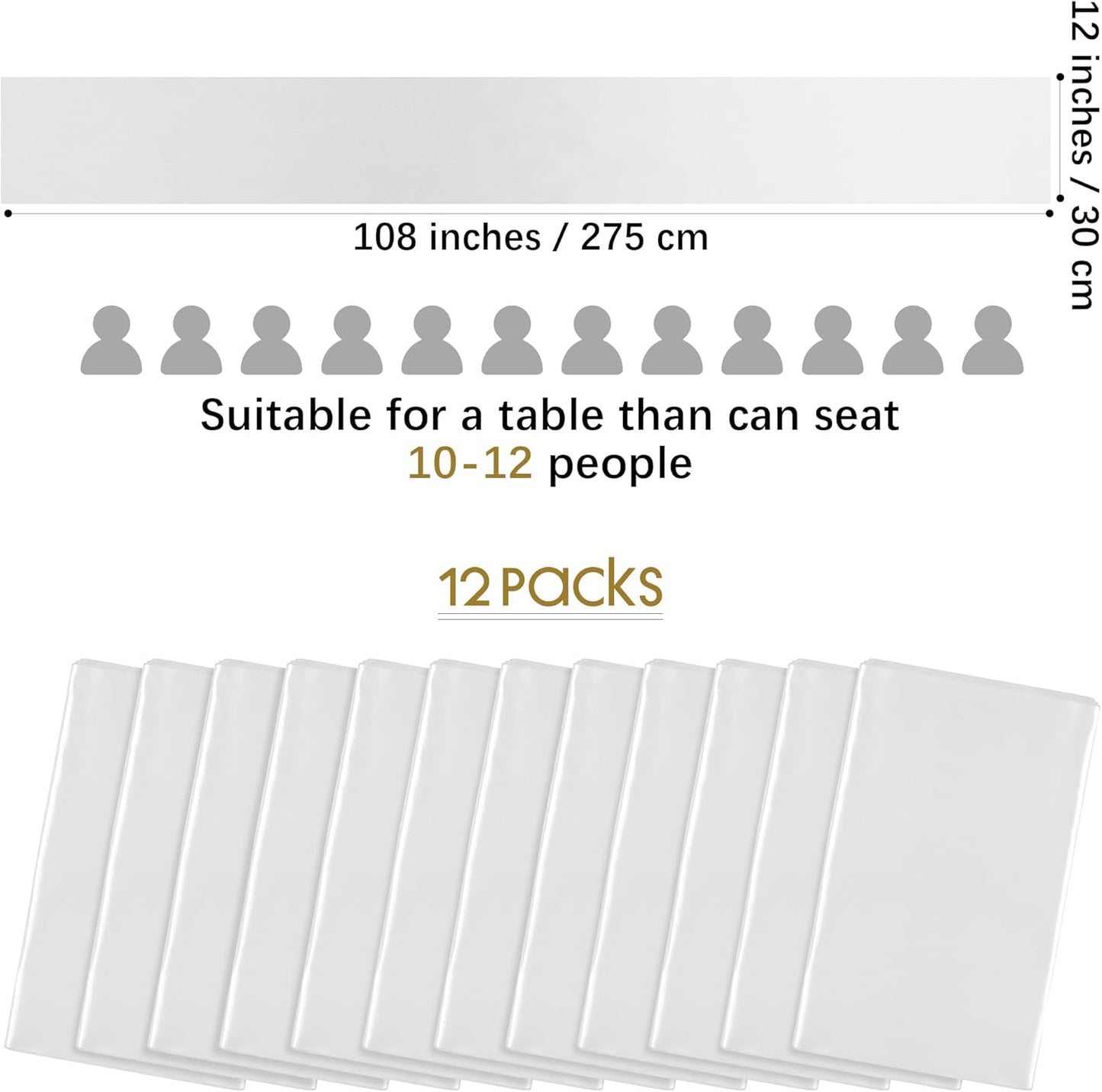 Aneco 12 Pack Satin Table Runner 12 x 108 Inch White Long Wedding Satin Silk Table Runner for Wedding Banquet Graduations Birthday Party Decoration