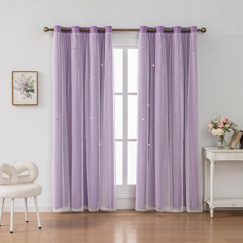 Ombre Rainbow Blackout Curtains for Kid Girls Bedroom Living Room Darking Stripe Double Layer Star Cut Out Wall Home Decor Gradient Grommet Window Curtains (Purple 72L)