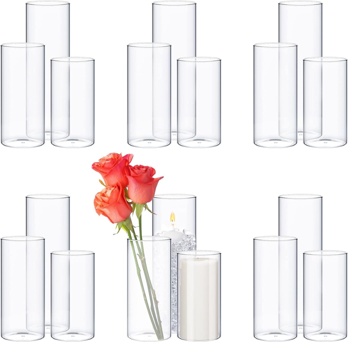 Sawysine 18 Pcs Glass Cylinder Vases 2.5''/2.95''/3.9'' Diameter Clear Flowers Vase Hurricane Floating Candles Holders for Table Centerpieces (2.5 x 5 in,2.5 x 6 in,2.5 x 8 in)