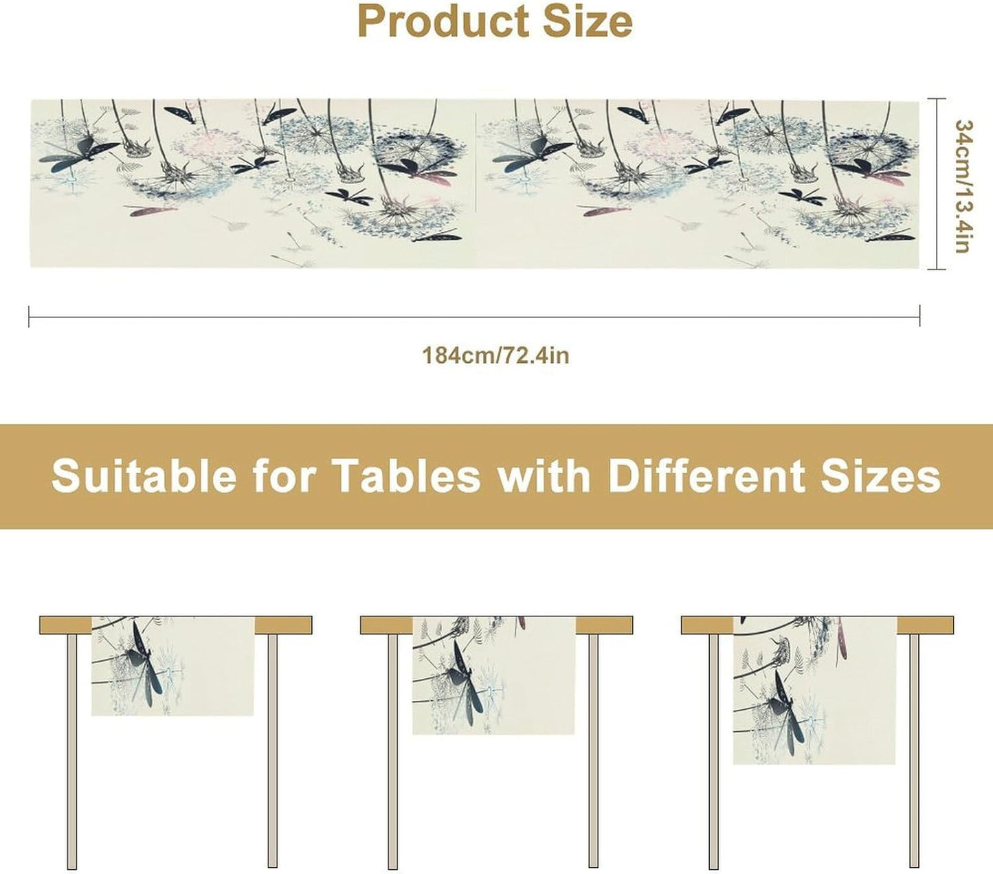 Dandelion Table Runner,Nature Rustic Dragonfly Teal Blue Floral Pattern Print Burlap Tablecloth for Hotel Indoors Outdoor Dining Room Kitchen Table Decor, 13x80in