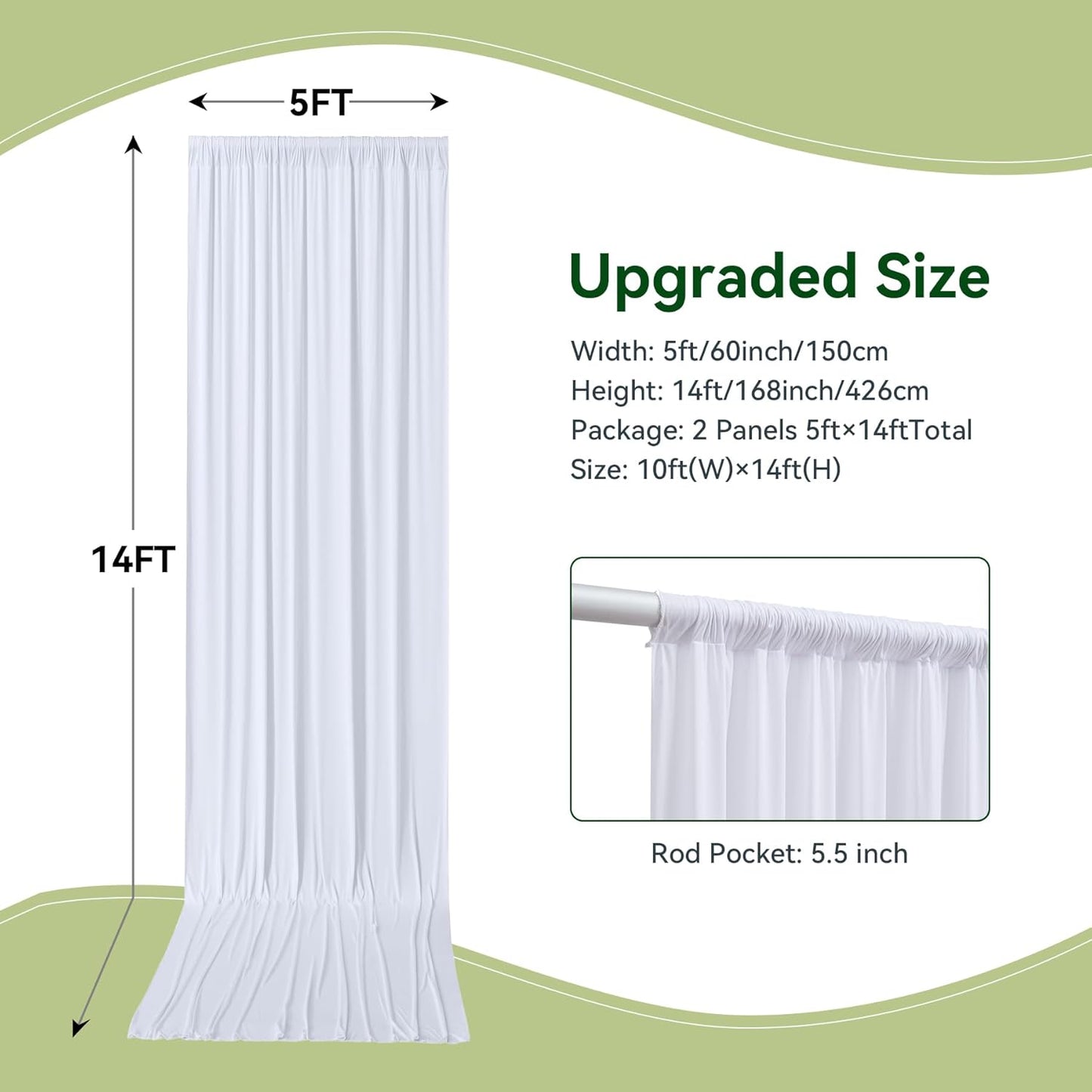 10×14 ft Wrinkle Free White Backdrop Curtain for Wedding Parties, 2 Panels 5×14ft Height Silky Polyester Photo Backdrop Drapes for Parties Birthday Baby Shower Photography Background Cloth