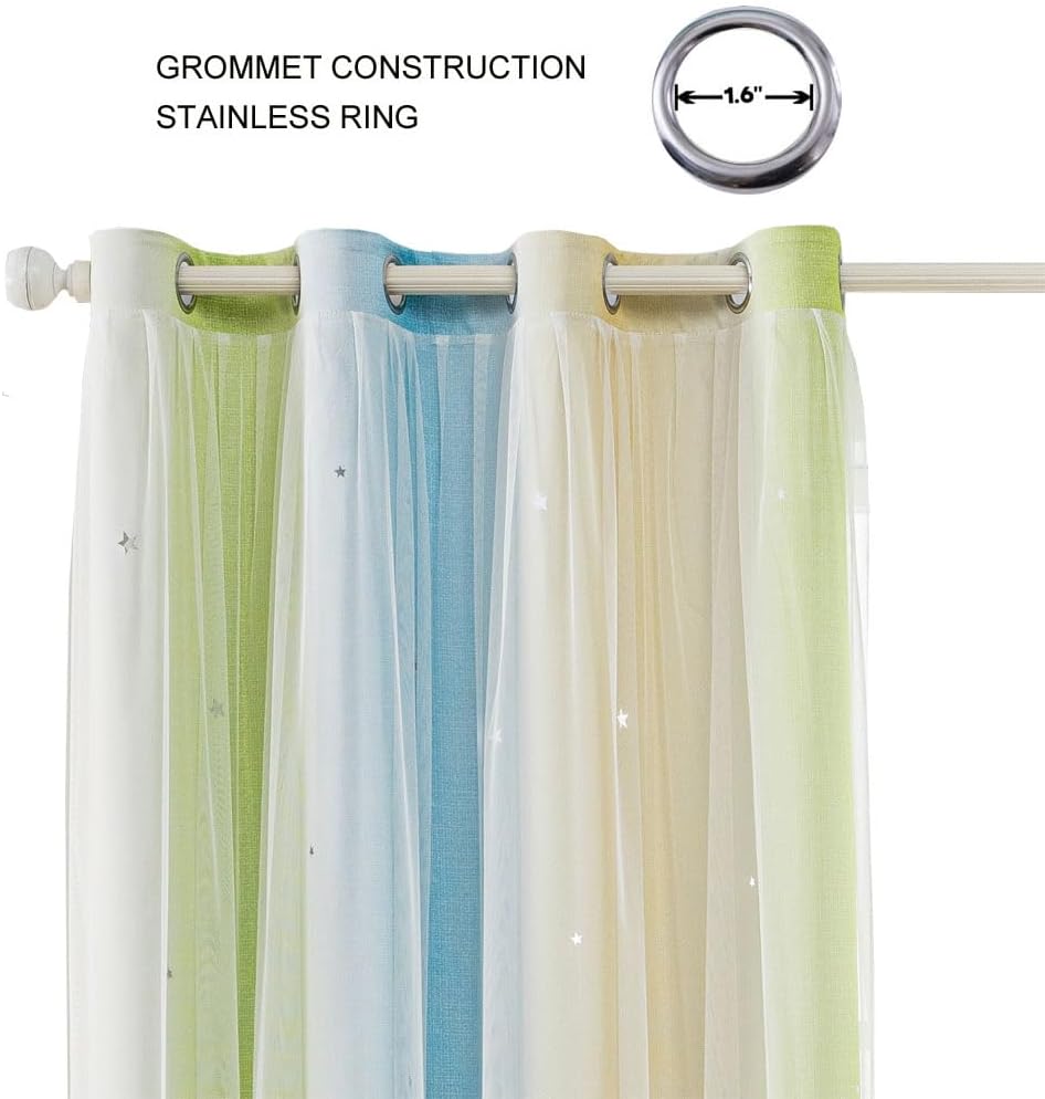 FANLI Ombre Rainbow Blackout Curtains for Kid Girls Bedroom Living Room Darking Stripe Double Layer Star Cut Out Wall Home Decor Gradient Grommet Window Curtains （Blue Green 52Wx84L）