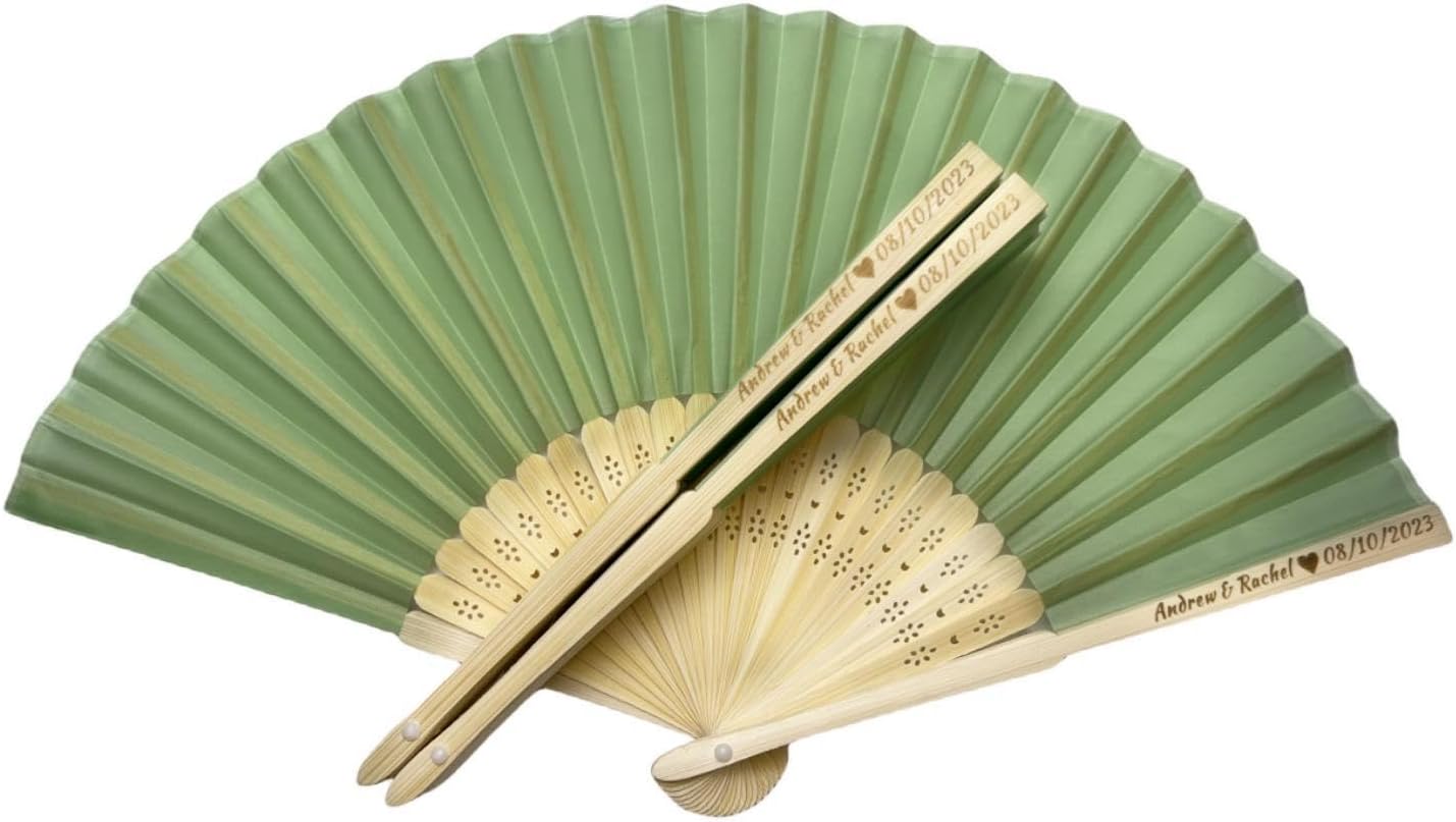 Personalized Wedding Fans Handheld Folding Fans (200Pcs) - Custom Engraved Green Silk Fans for Bridal Shower Favor/Baby Shower Favor, Birthdays Party Gifts/Gifts for Party Guests