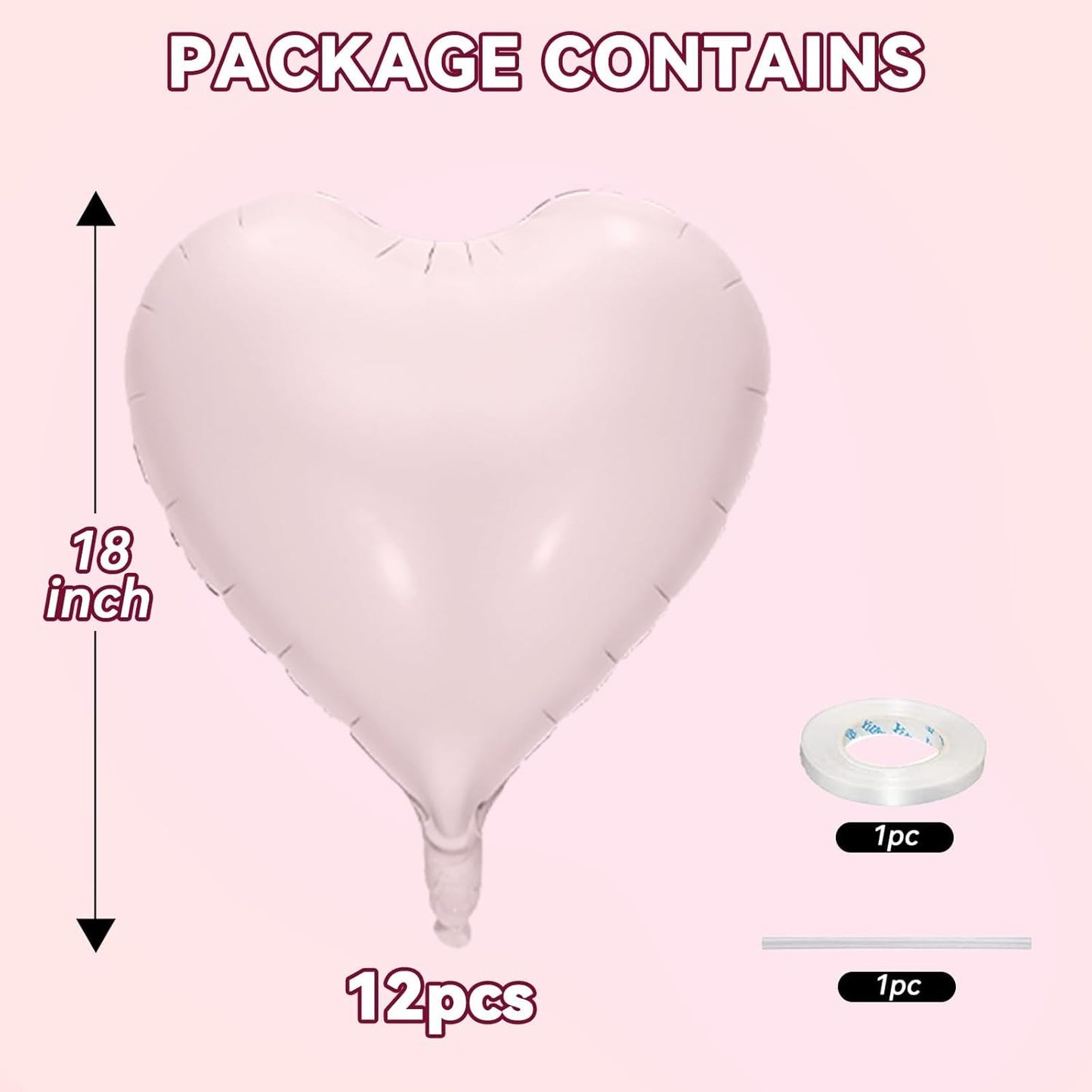 12 Pcs Heart Balloons, 18 inch Retro Pink Heart Shaped Balloons, Big Foil Helium Balloon, Love Foil Balloon for Wedding Baby Shower Anniversary Valentine Party Decorations