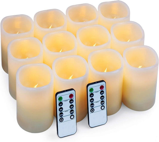 Hausware Flameless Candles Battery Operated Candles Set of 12 (D: 3" x H: 4") Real Wax Pillar Flickering Candles LED Flameless Candles with Remote and Timer Control (Ivory Color)
