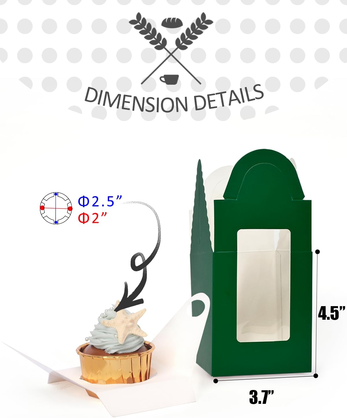 qiqee Cupcake Boxes Green Individual Cupcake Holders Disposable 50pcs Single Cupcake Boxes with Window 3.7" 3.7"*4.5" Cupcake Containers