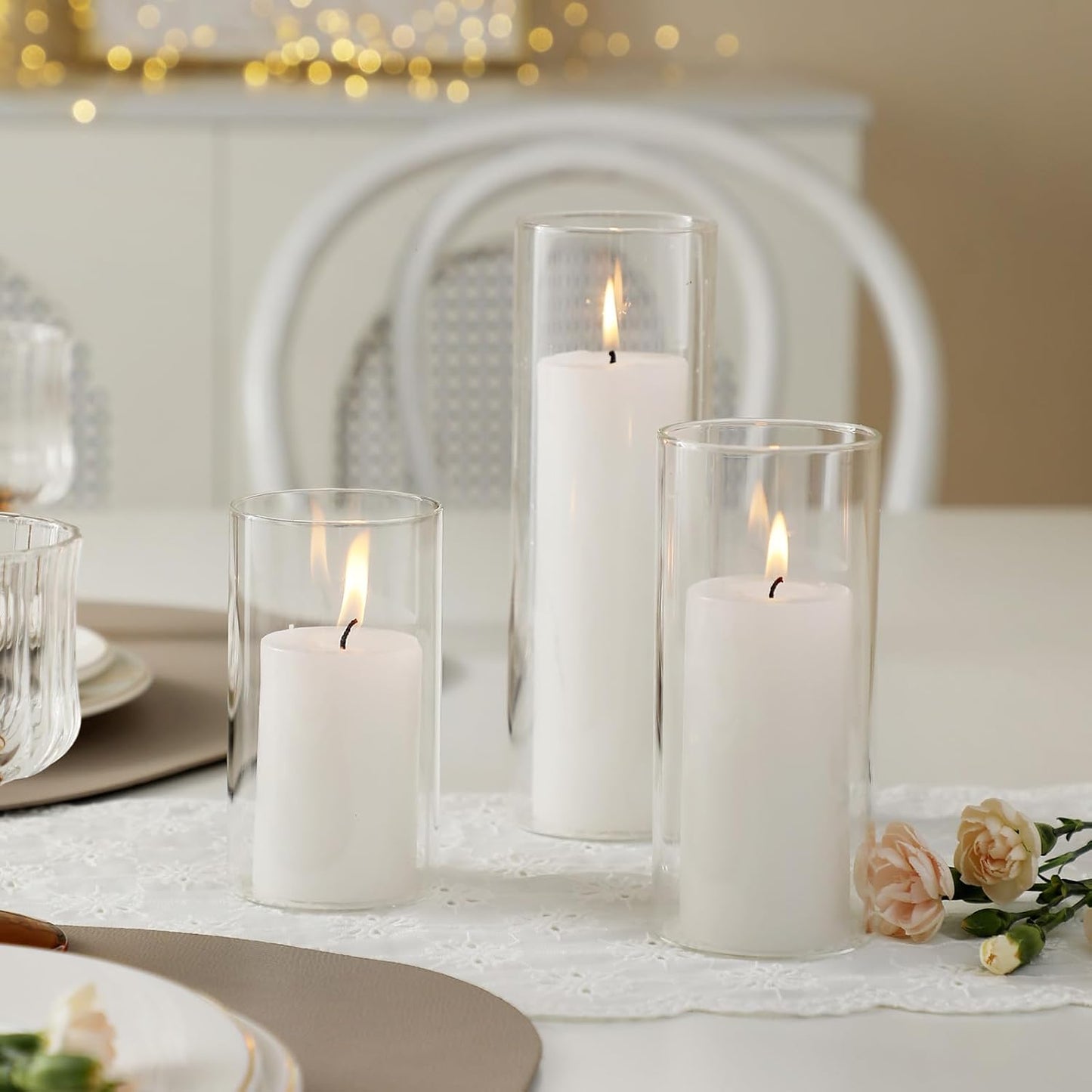 UDU Set of 6 White Pillar Candles and 6 Glass Cylinder Vases Hurricane Holders, Slim Pillar Candle Holder, Cylinder Vases for Centerpieces Wedding Table Party Home Decor(2.6" X 4.7", 5.9", 7.9")