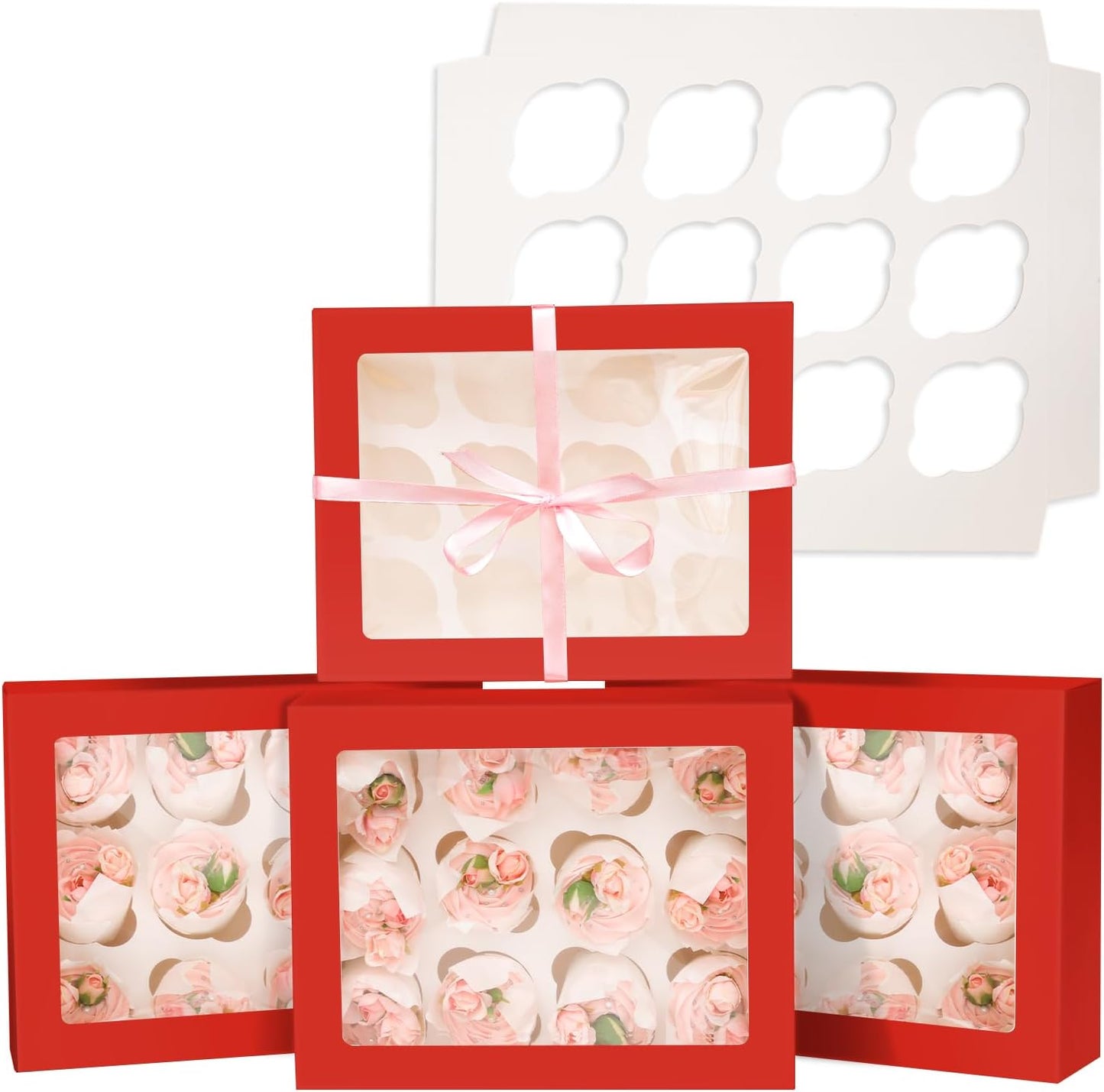 Bakepacker 12 Cupcake Containers 10-Packs Red Cupcake Box Cupcakes Carrier, 12 Cupcake Boxes with Window 13"x10"x3.5"（Auto-pop up）