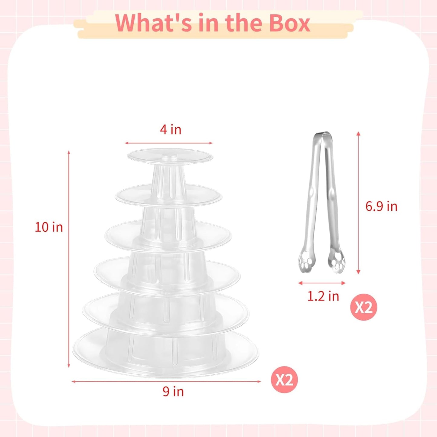 OMISTAR 2 PCS 6-Tier Clear Macaron Display Stands, Plastic Macaron Tray Tower with Stainless Steel Serving Tongs, Transparent Cupcake Dessert Stand for Weddings, Birthday Parties, Bakeries