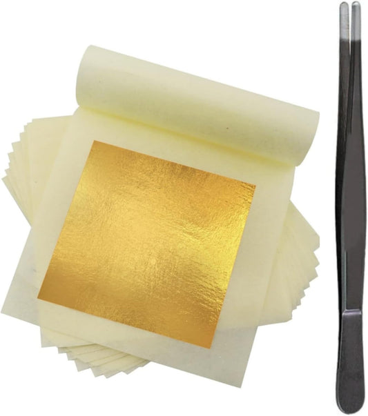 100 Sheets Gold Flakes with A Pair of Tweezers, Premium Large Gold Leaf 5.31×5.31 Inches Craft Art Decoration Perfect for Decorating Cakes Drinks Sushi